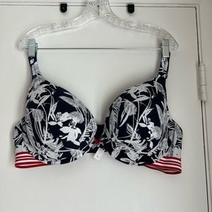 Cacique Bra, blue, white, red print, 44D - item 33